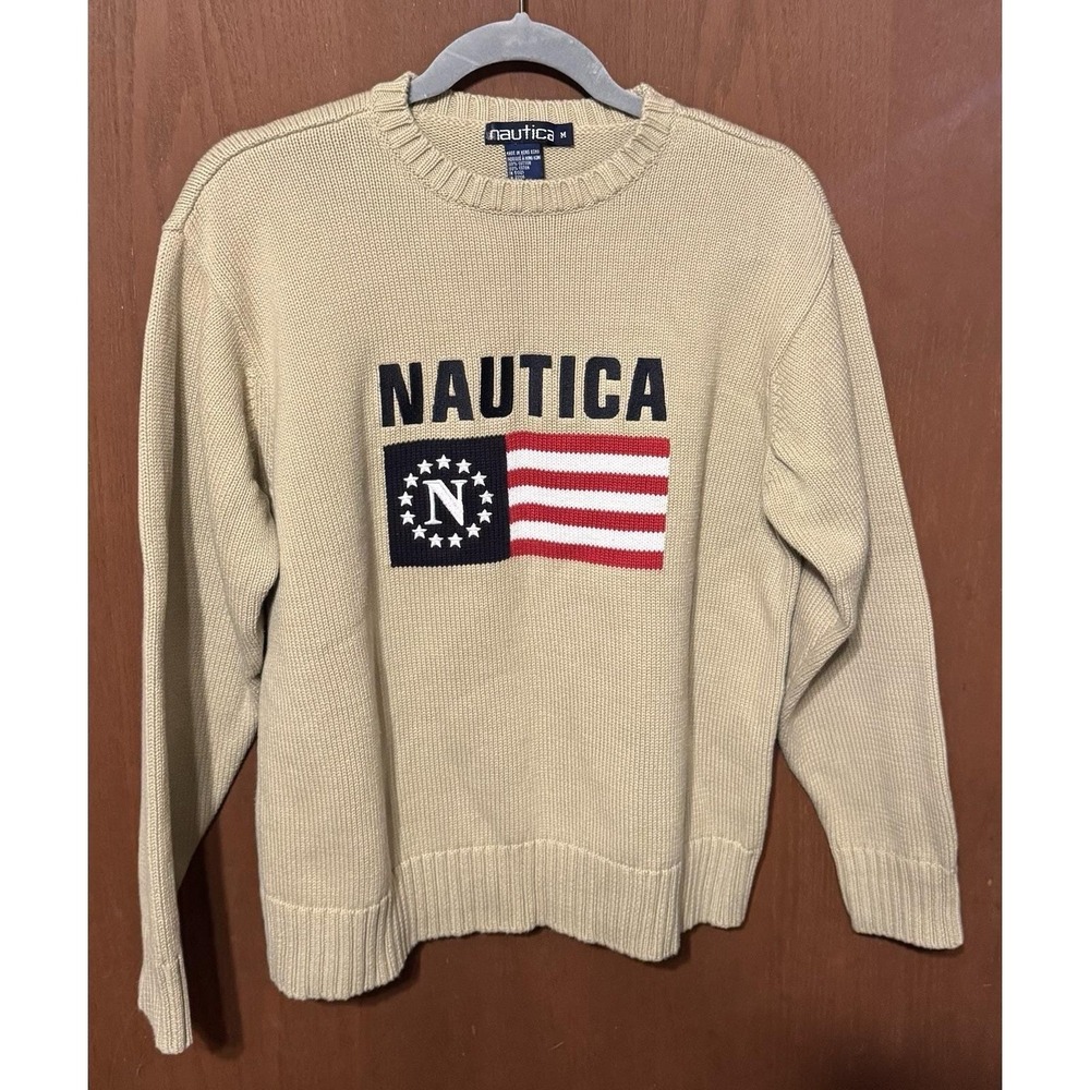 Vintage Nautica Flag Sweater Stars Nautical Yacht Coastal Y2K  Sz M GTub31